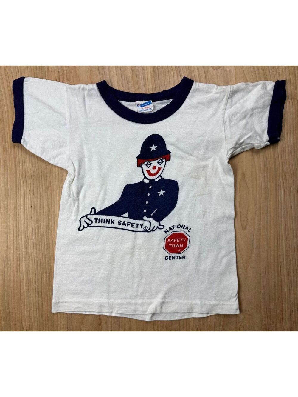 Vintage 70s Kids Think Safely tshirt Single Stitch Ringer Champion clown safety